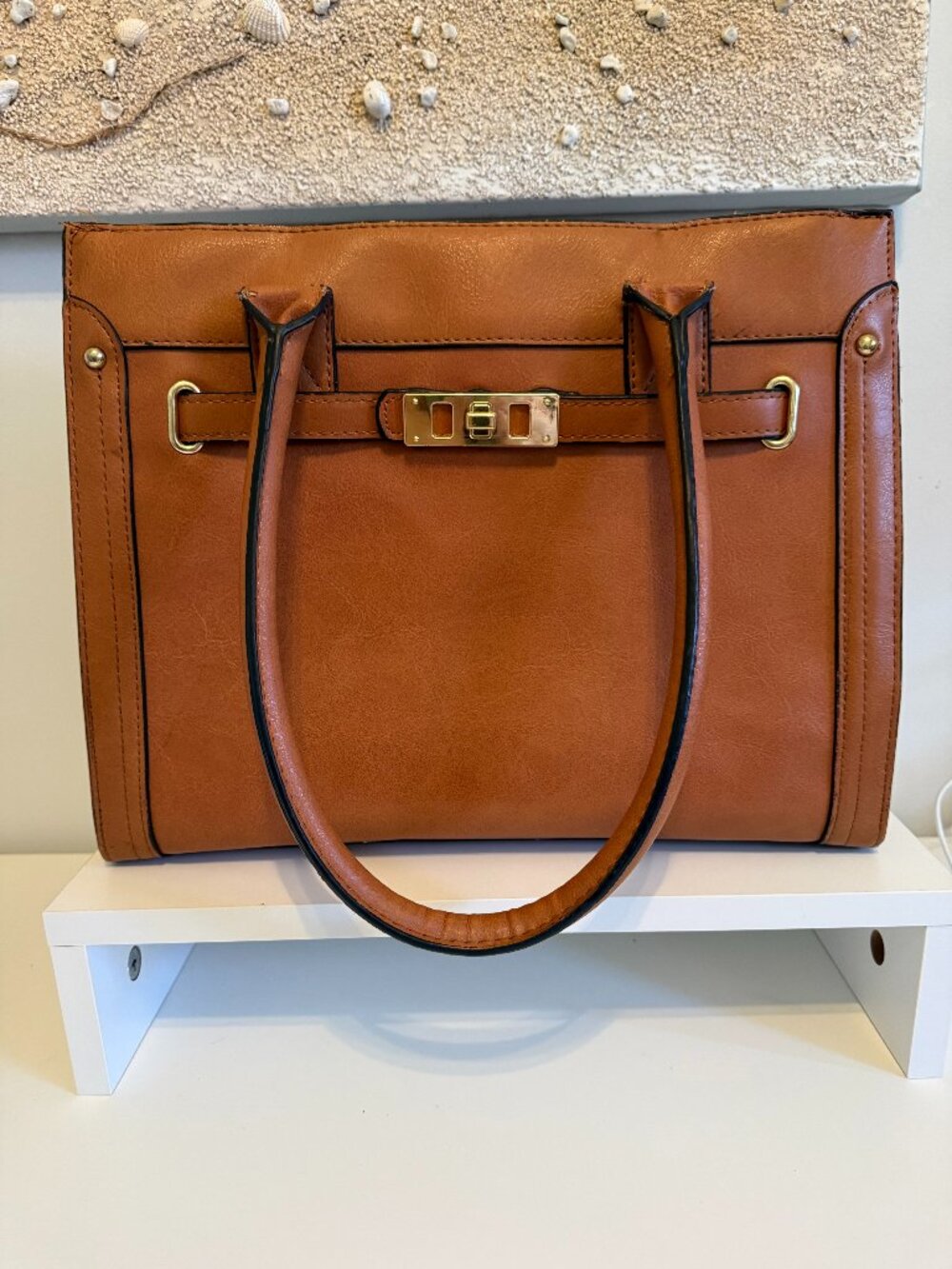 Cognac Brown Structured Tote Bag with Gold Hardware